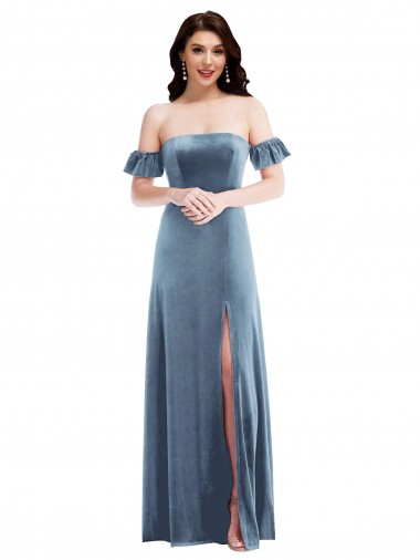 Stretch Velvet Off the Shoulder Low Back A-Line Dusty Blue Formal Dress / Bridesmaid Dress Derby