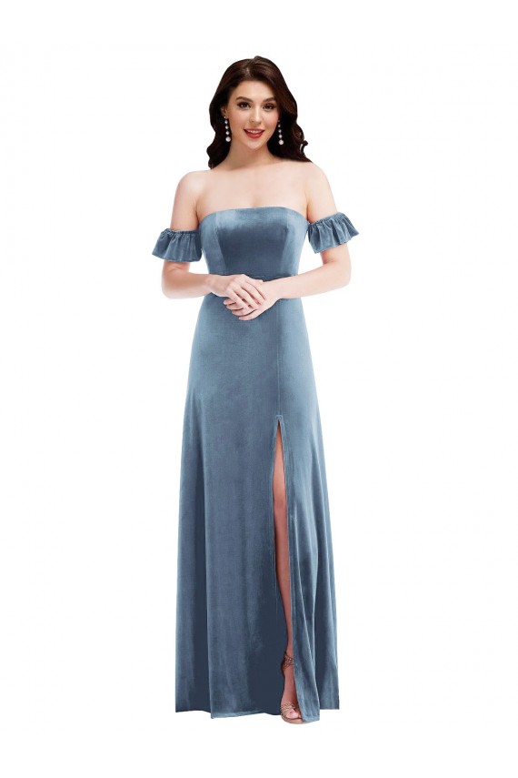Stretch Velvet Off the Shoulder Low Back A-Line Dusty Blue Formal Dress / Bridesmaid Dress Derby