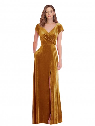Stretch Velvet V-Neck Sheath Gold Formal Evening Gown / Prom Dress / Bridesmaid Dress Derby