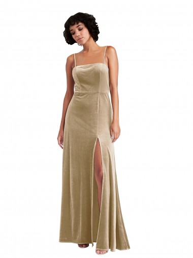 Stretch Velvet Square Neck Low Back A-Line Champagne Formal Evening Gown / Prom Dress / Bridesmaid Dress Derby