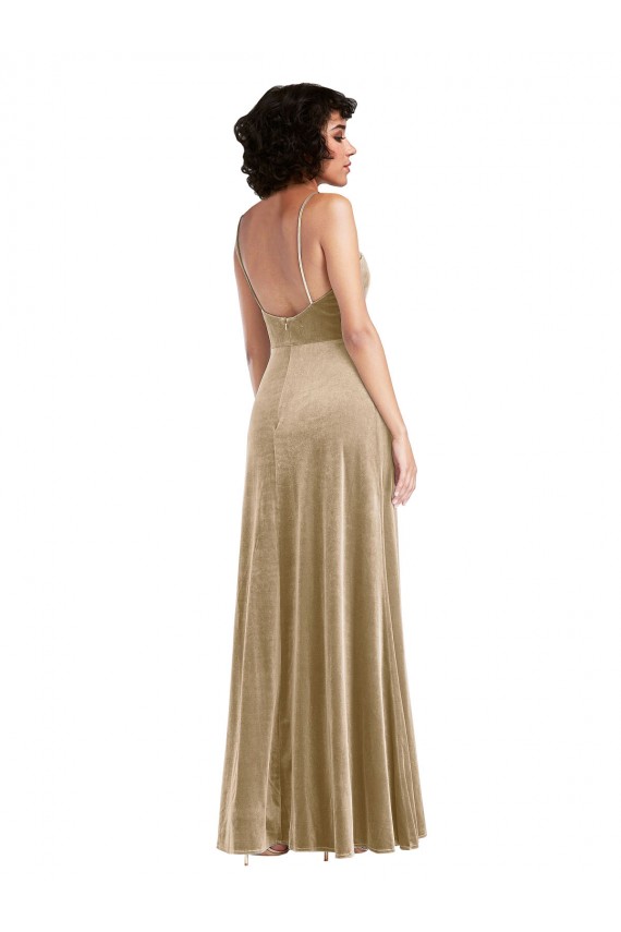 Stretch Velvet Square Neck Low Back A-Line Champagne Formal Evening Gown / Prom Dress / Bridesmaid Dress Derby