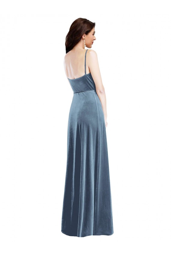 Stretch Velvet Sweetheart Low Back A-Line Dusty Blue Semi Formal Evening Dress / Prom Dress / Bridesmaid Dress Derby
