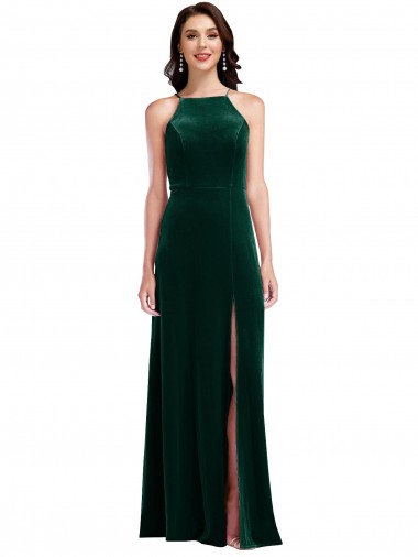 Stretch Velvet High Neck A-Line Dark Green Semi Formal Evening Dress / Prom Dress / Bridesmaid Dress Derby