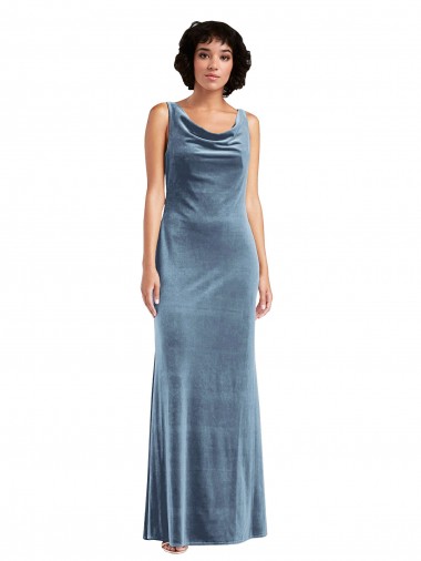 Stretch Velvet Cowl Neck V-Back Sheath Dusty Blue Evening Dress / Bridesmaid Dress Derby