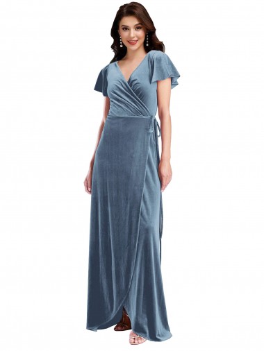 Stretch Velvet V-Neck A-Line Dusty Blue Black Tie Evening Gown / Prom Dress / Bridesmaid Dress Derby
