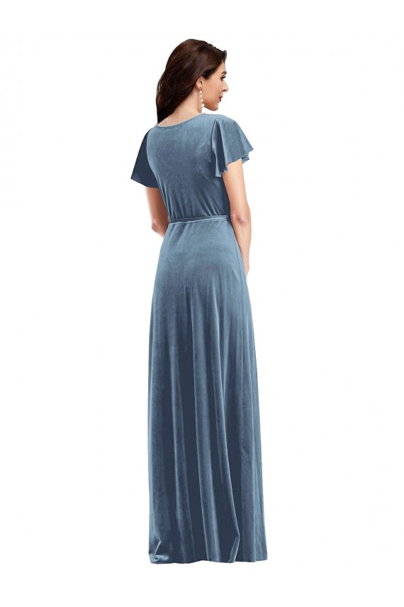 Stretch Velvet V-Neck A-Line Dusty Blue Black Tie Evening Gown / Prom Dress / Bridesmaid Dress Derby