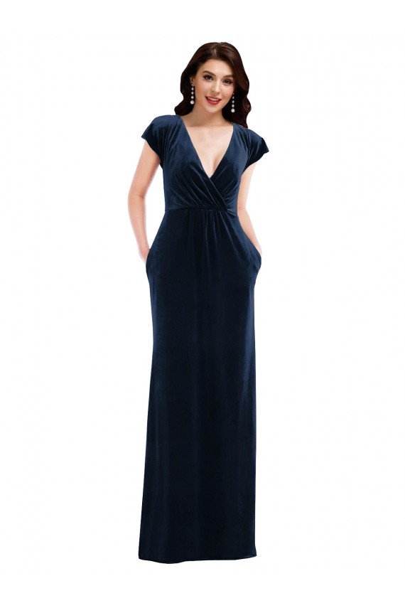 Stretch Velvet V-Neck A-Line Dark Navy Formal Dress / Bridesmaid Dress Derby