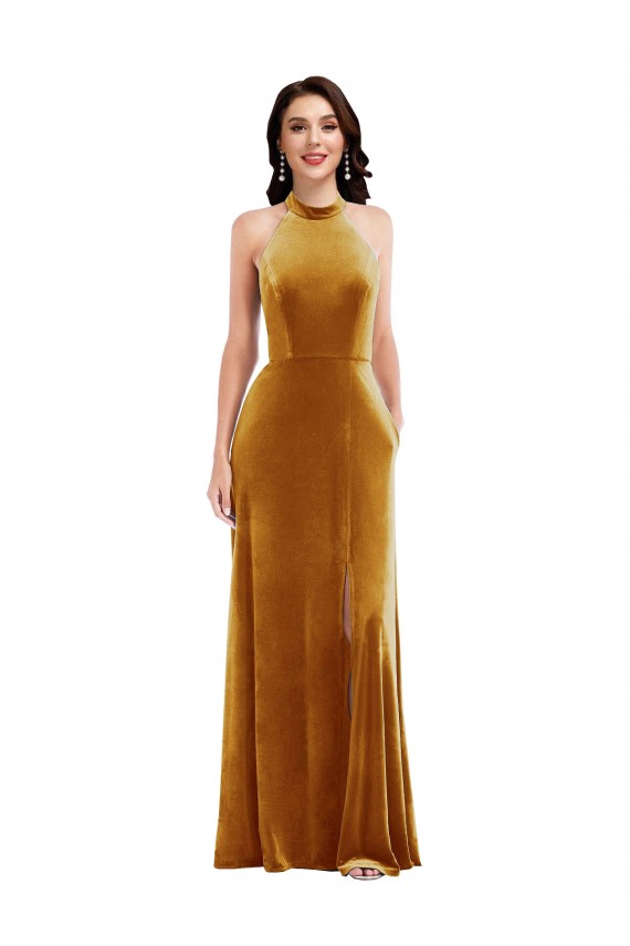 Stretch Velvet High Neck Keyhole Back Trumpet Gold Semi Formal Evening Dress / Prom Dress / Bridesmaid Dress Derby