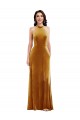 Stretch Velvet High Neck Keyhole Back Trumpet Gold Semi Formal Evening Dress / Prom Dress / Bridesmaid Dress Derby