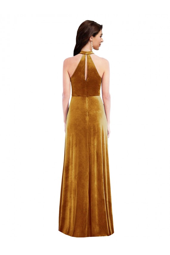 Stretch Velvet High Neck Keyhole Back Trumpet Gold Semi Formal Evening Dress / Prom Dress / Bridesmaid Dress Derby