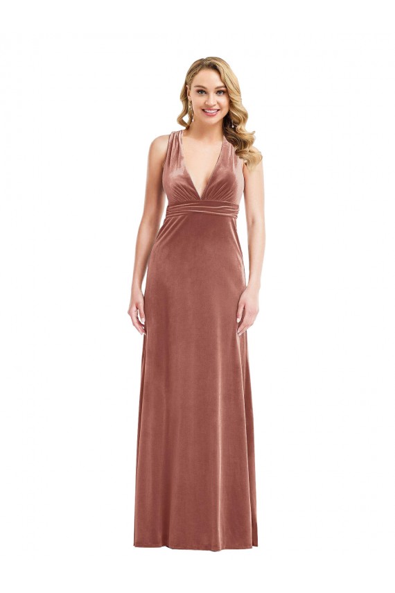 Stretch Velvet V-Neck Open Back A-Line Cinnamon Rose Bridesmaid Dress / Evening Dress Derby