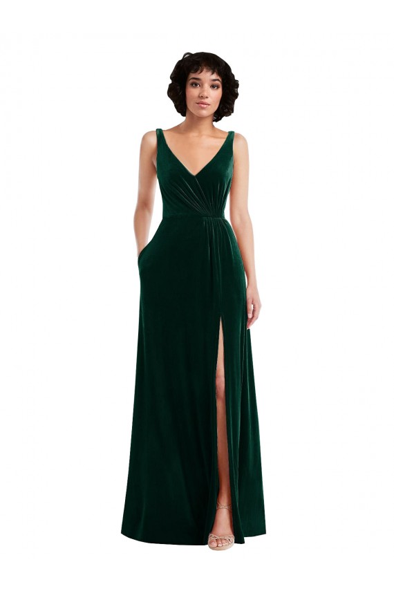 Stretch Velvet V-Neck V-Back A-Line Dark Green Bridesmaid Dress / Evening Dress Derby