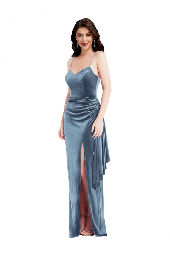 Stretch Velvet Sweetheart Low Back Trumpet Dusty Blue Formal Evening Gown / Prom Dress / Bridesmaid Dress Derby