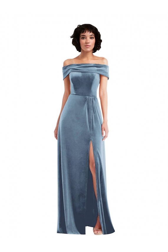 Stretch Velvet Off the Shoulder A-Line Dusty Blue Semi Formal Evening Dress / Prom Dress / Bridesmaid Dress Derby