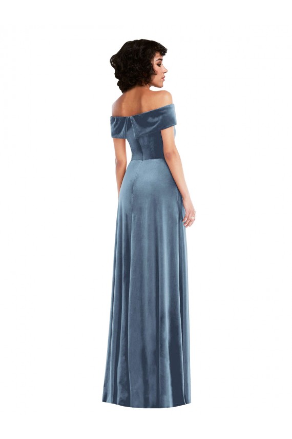 Stretch Velvet Off the Shoulder A-Line Dusty Blue Semi Formal Evening Dress / Prom Dress / Bridesmaid Dress Derby