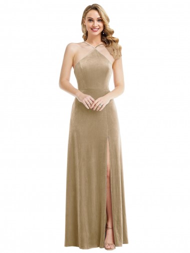 Stretch Velvet High Neck Open Back A-Line Champagne Semi Formal Evening Dress / Prom Dress / Bridesmaid Dress Derby