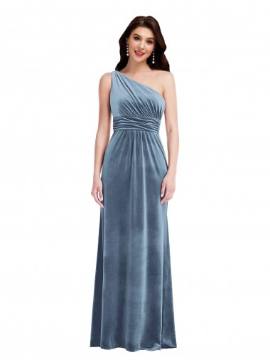 Stretch Velvet Off the Shoulder A-Line Dusty Blue Bridesmaid Dress / Evening Dress Derby