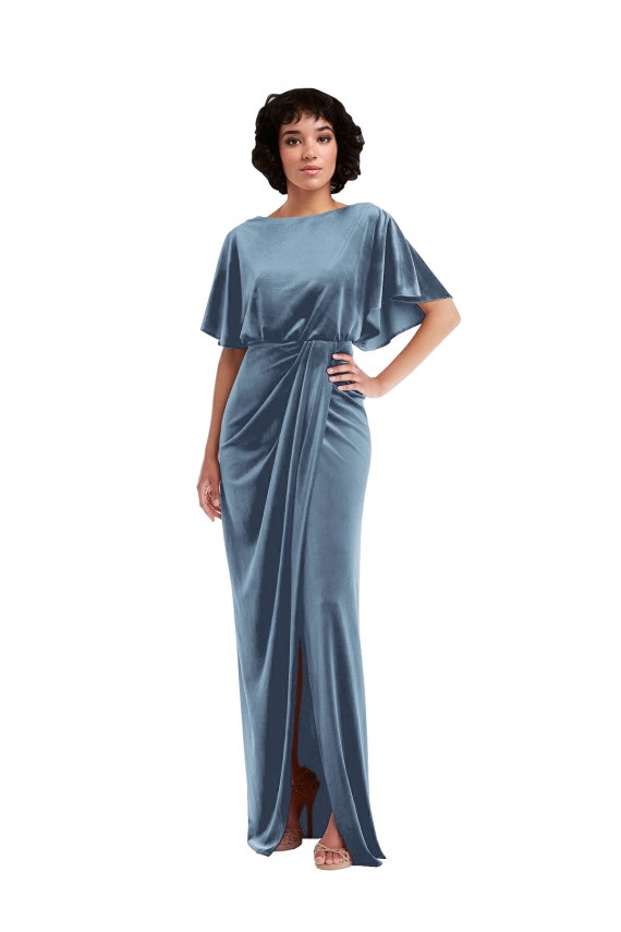 Stretch Velvet Open Back Sheath Dusty Blue Semi Formal Evening Dress / Prom Dress / Bridesmaid Dress Derby