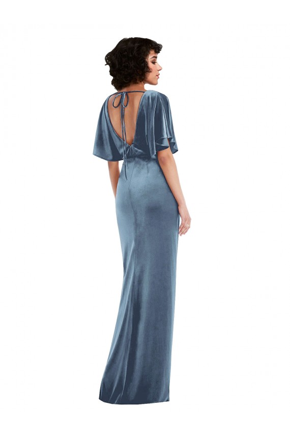 Stretch Velvet Open Back Sheath Dusty Blue Semi Formal Evening Dress / Prom Dress / Bridesmaid Dress Derby