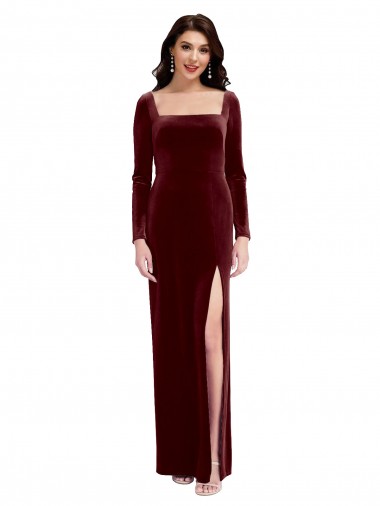 Stretch Velvet Square Neck Low Back A-Line Burgundy Prom Dress / Bridesmaid Dress Derby