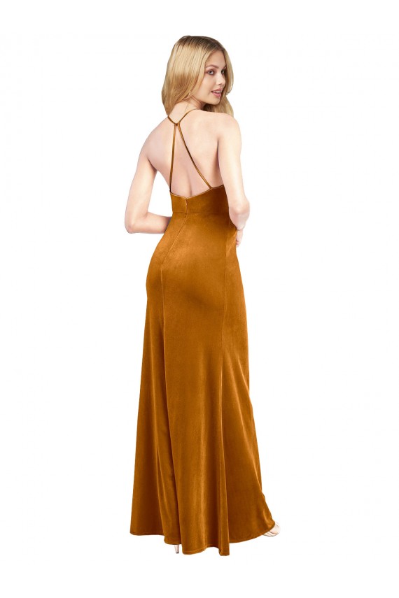 Stretch Velvet High Neck Open Back A-Line Gold Formal Evening Gown / Prom Dress / Bridesmaid Dress Derby