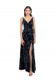 Floral Velvet & Stretch Velvet V-Neck V-Back A-Line Dark Navy Bridesmaid Dress Derby