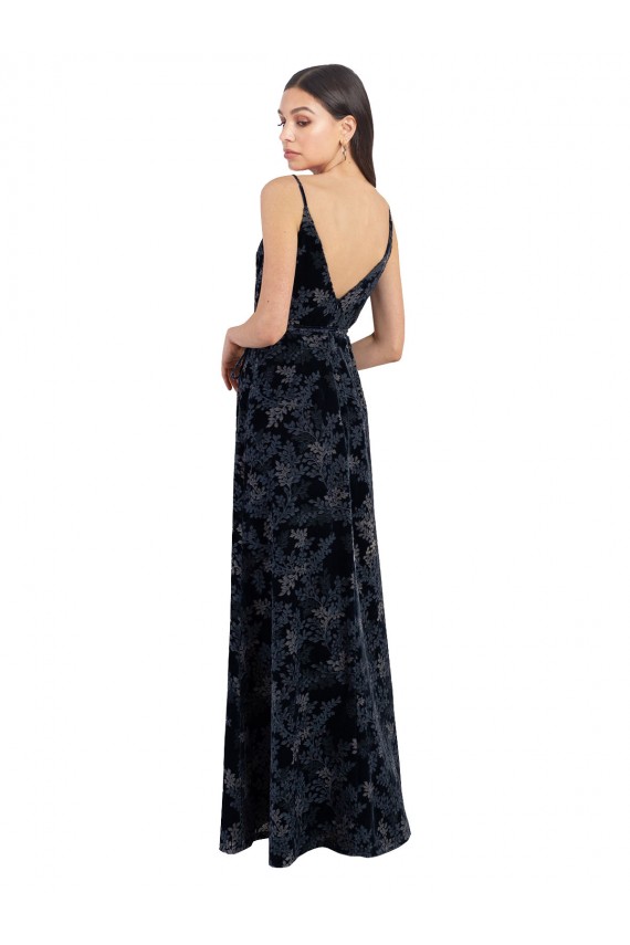 Floral Velvet & Stretch Velvet V-Neck V-Back A-Line Dark Navy Bridesmaid Dress Derby