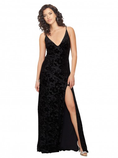 Floral Velvet & Stretch Velvet V-Neck Open Back Sheath Black Bridesmaid Dress Derby