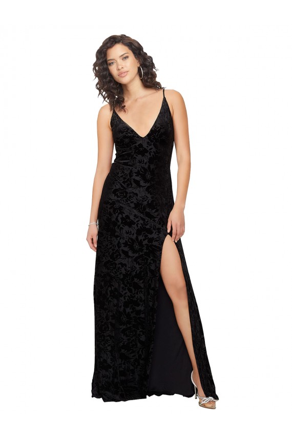Floral Velvet & Stretch Velvet V-Neck Open Back Sheath Black Bridesmaid Dress Derby