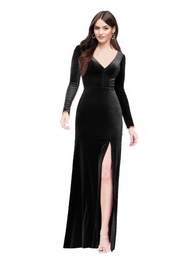 Stretch Velvet V-Neck V-Back Column Black Formal Evening Gown / Prom Dress / Bridesmaid Dress Derby