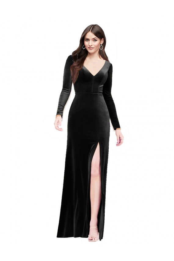 Stretch Velvet V-Neck V-Back Column Black Formal Evening Gown / Prom Dress / Bridesmaid Dress Derby