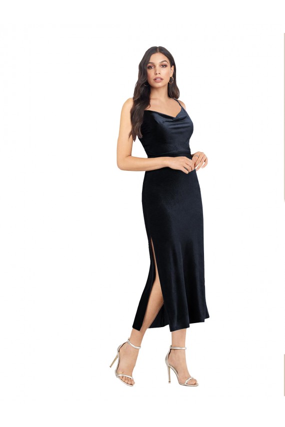Stretch Velvet Cowl Neck Low Back Column Dark Navy Formal Evening Gown / Prom Dress / Bridesmaid Dress Derby