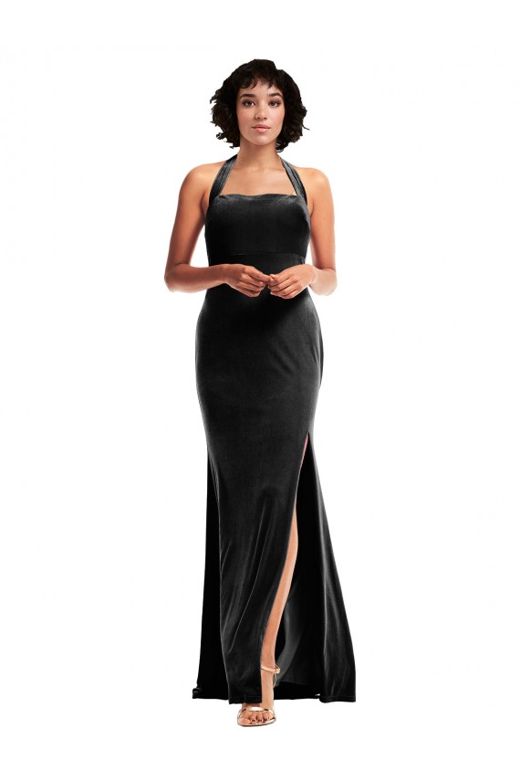 Stretch Velvet Halter Neck Low Back Mermaid Black Formal Evening Gown / Prom Dress / Bridesmaid Dress Derby