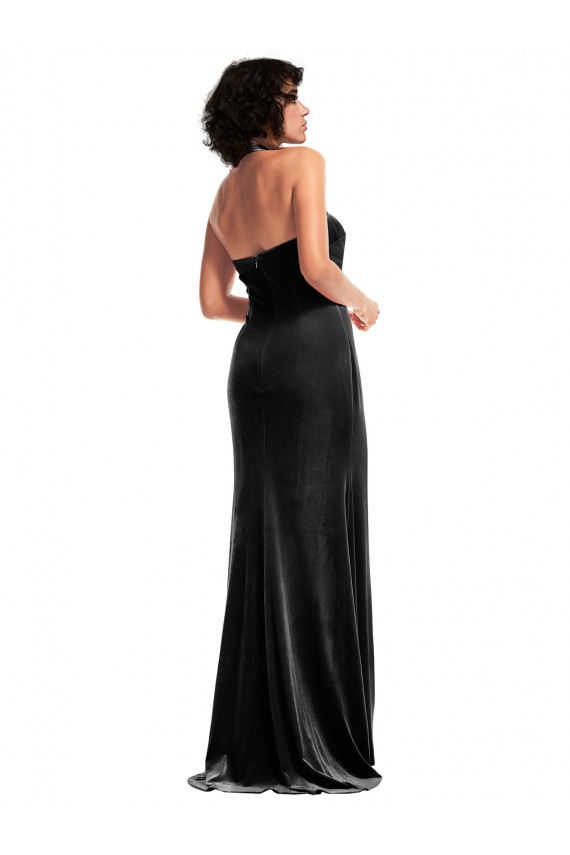 Stretch Velvet Halter Neck Low Back Mermaid Black Formal Evening Gown / Prom Dress / Bridesmaid Dress Derby