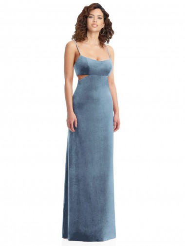 Stretch Velvet Square Neck Low Back Sheath Dusty Blue Formal Evening Gown / Prom Dress / Bridesmaid Dress Derby
