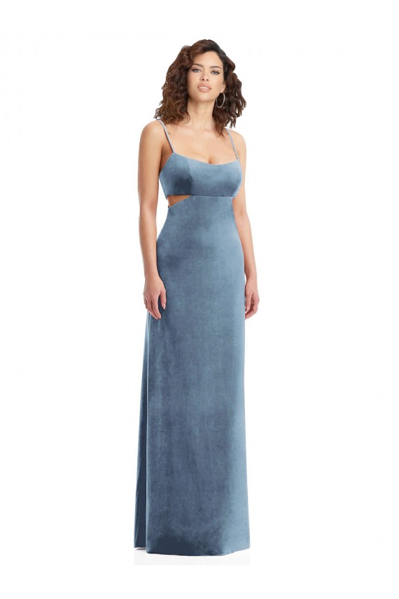Stretch Velvet Square Neck Low Back Sheath Dusty Blue Formal Evening Gown / Prom Dress / Bridesmaid Dress Derby