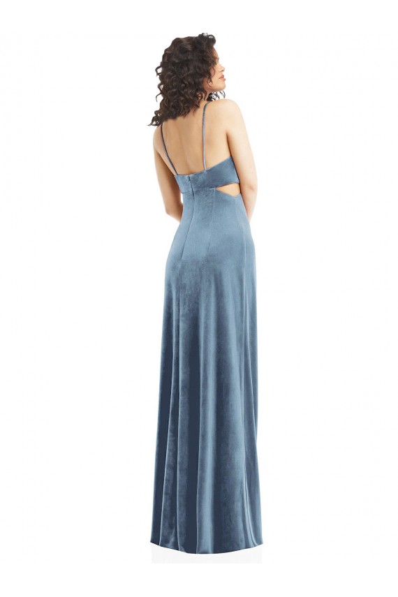Stretch Velvet Square Neck Low Back Sheath Dusty Blue Formal Evening Gown / Prom Dress / Bridesmaid Dress Derby