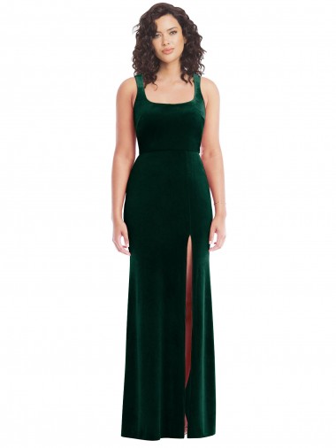 Stretch Velvet Square Neck Trumpet Dark Green Semi Formal Evening Dress / Prom Dress / Bridesmaid Dress Derby