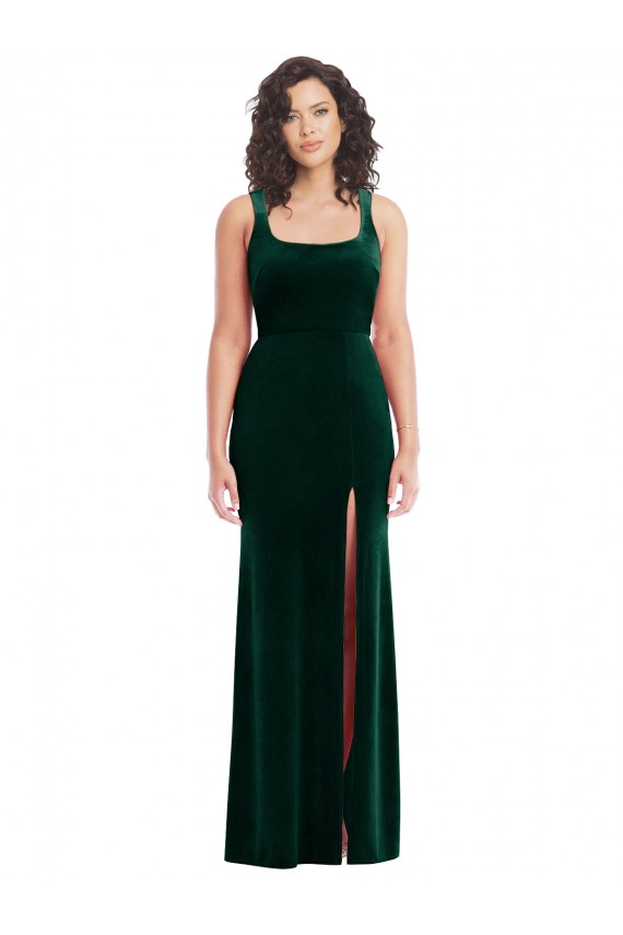 Stretch Velvet Square Neck Trumpet Dark Green Semi Formal Evening Dress / Prom Dress / Bridesmaid Dress Derby