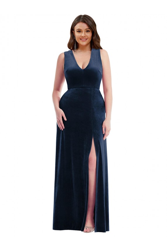 Stretch Velvet V-Neck Sheath Dark Navy Formal Plus Size Evening Gown / Prom Dress / Bridesmaid Dress Derby