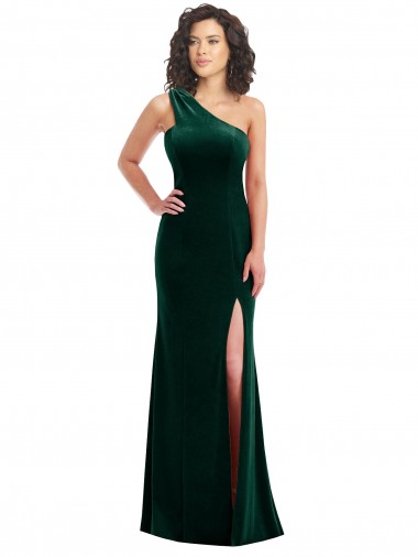 Stretch Velvet One Shoulder Trumpet Dark Green Black Tie Prom Dress / Bridesmaid Dress Derby