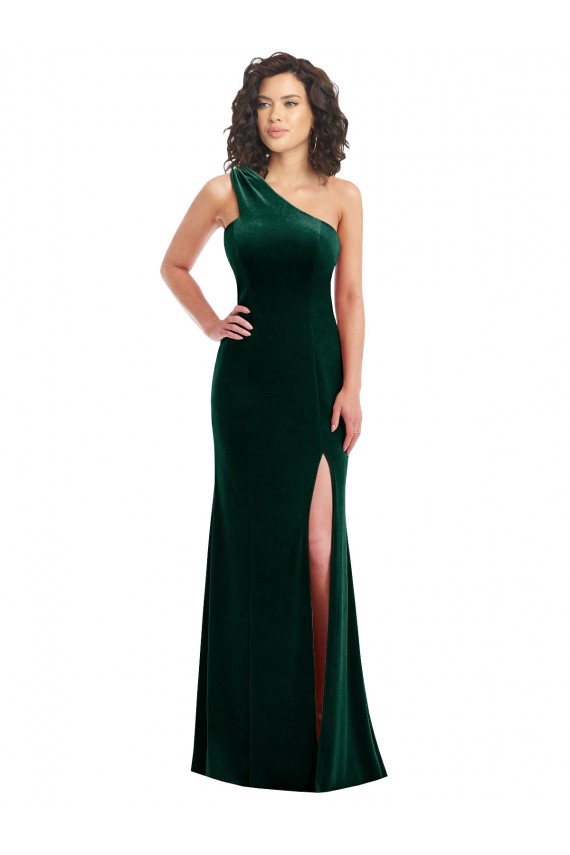 Stretch Velvet One Shoulder Trumpet Dark Green Black Tie Prom Dress / Bridesmaid Dress Derby