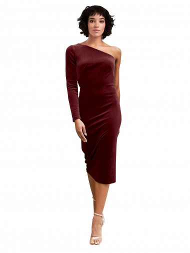 Stretch Velvet One Shoulder A-Line Burgundy Black Tie Prom Dress / Bridesmaid Dress Derby