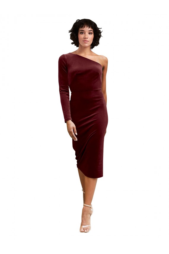 Stretch Velvet One Shoulder A-Line Burgundy Black Tie Prom Dress / Bridesmaid Dress Derby