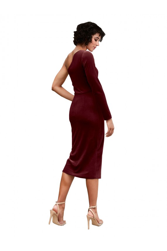 Stretch Velvet One Shoulder A-Line Burgundy Black Tie Prom Dress / Bridesmaid Dress Derby