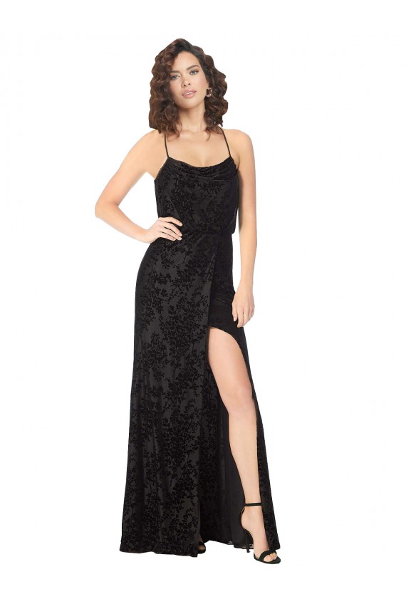Floral Velvet & Stretch Velvet Cowl Neck Open Back A-Line Black Bridesmaid Dress Derby