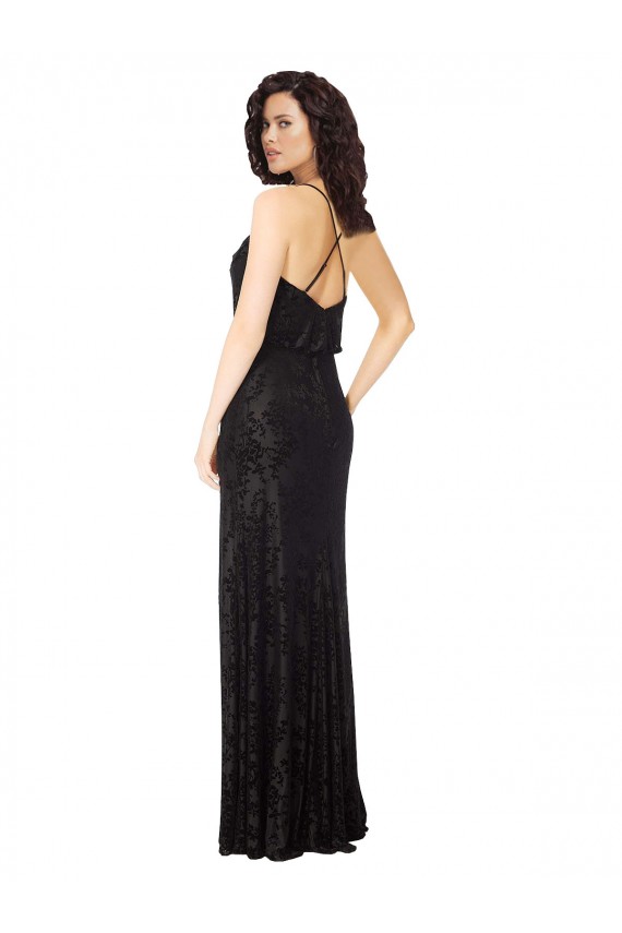 Floral Velvet & Stretch Velvet Cowl Neck Open Back A-Line Black Bridesmaid Dress Derby