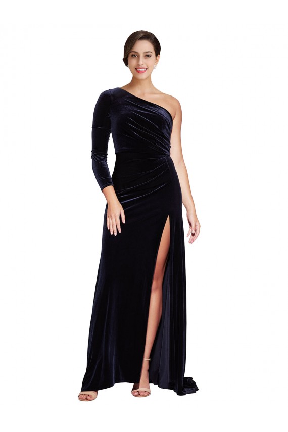 Stretch Velvet One Shoulder A-Line Dark Navy Formal Evening Gown / Prom Dress / Bridesmaid Dress Derby