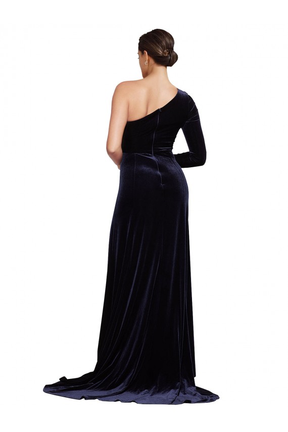 Stretch Velvet One Shoulder A-Line Dark Navy Formal Evening Gown / Prom Dress / Bridesmaid Dress Derby