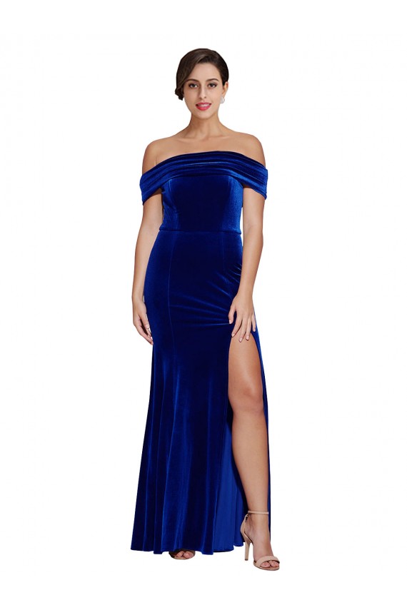 Stretch Velvet Off the Shoulder Mermaid Royal Blue Formal Evening Gown / Prom Dress / Bridesmaid Dress Derby
